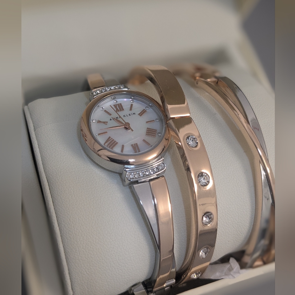 Anne Klein Rose Gold Women's Watch and Bracelet Set